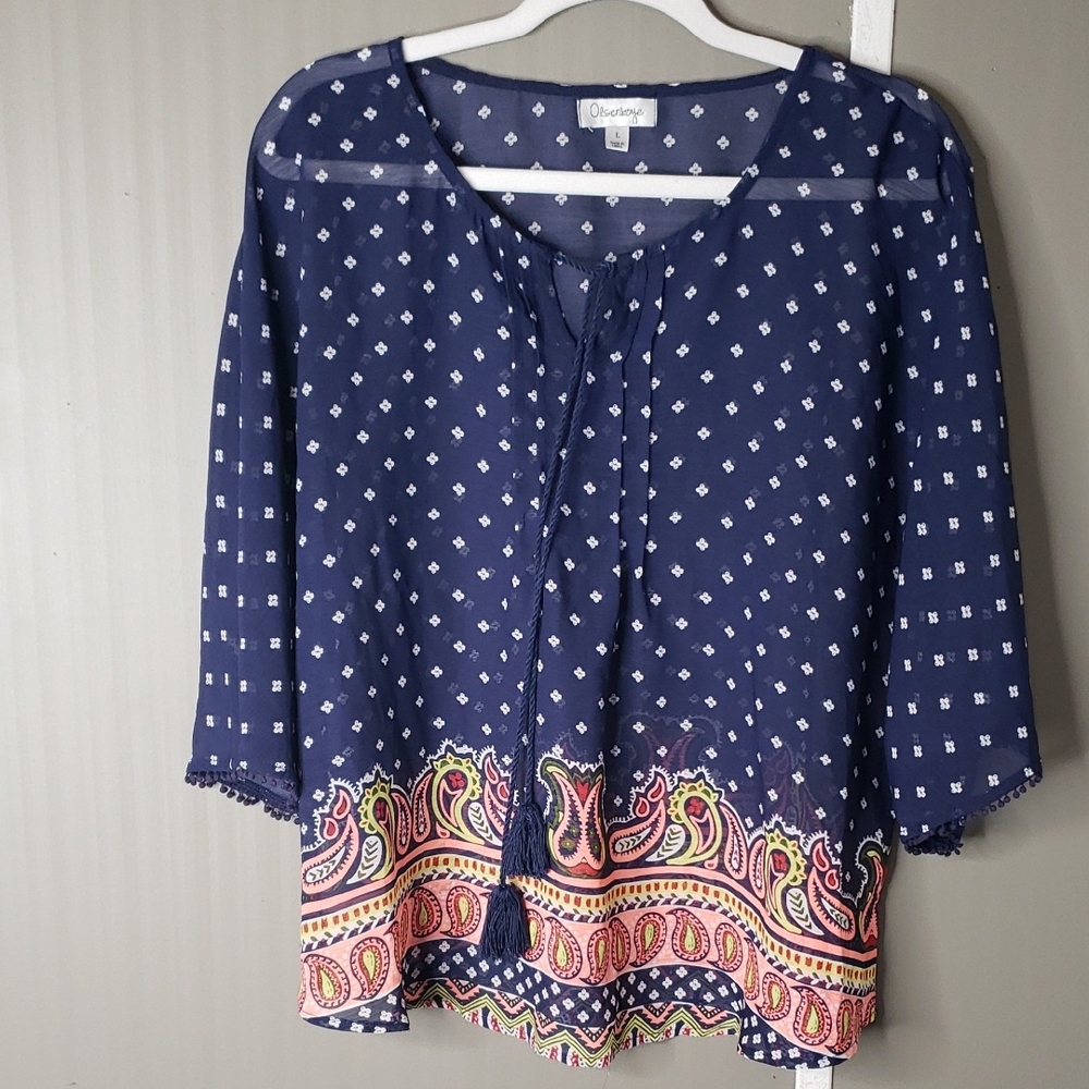 Olsenboye Navy Blouse with Paisley Hem Boho Flowy L